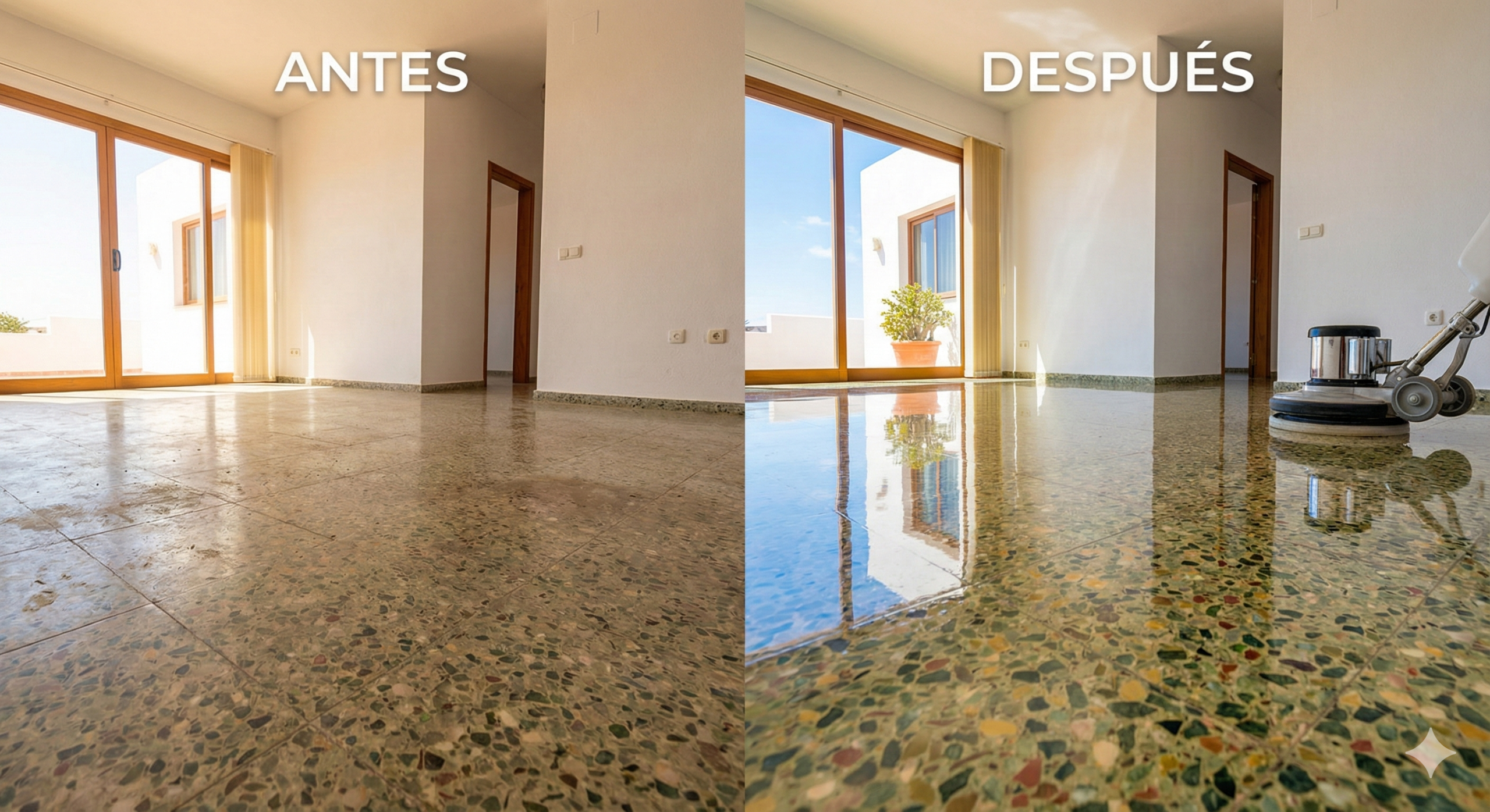 Salón de vivienda en Lanzarote con suelo de terrazo recién pulido, ideal para preparar una propiedad para venta o alquiler