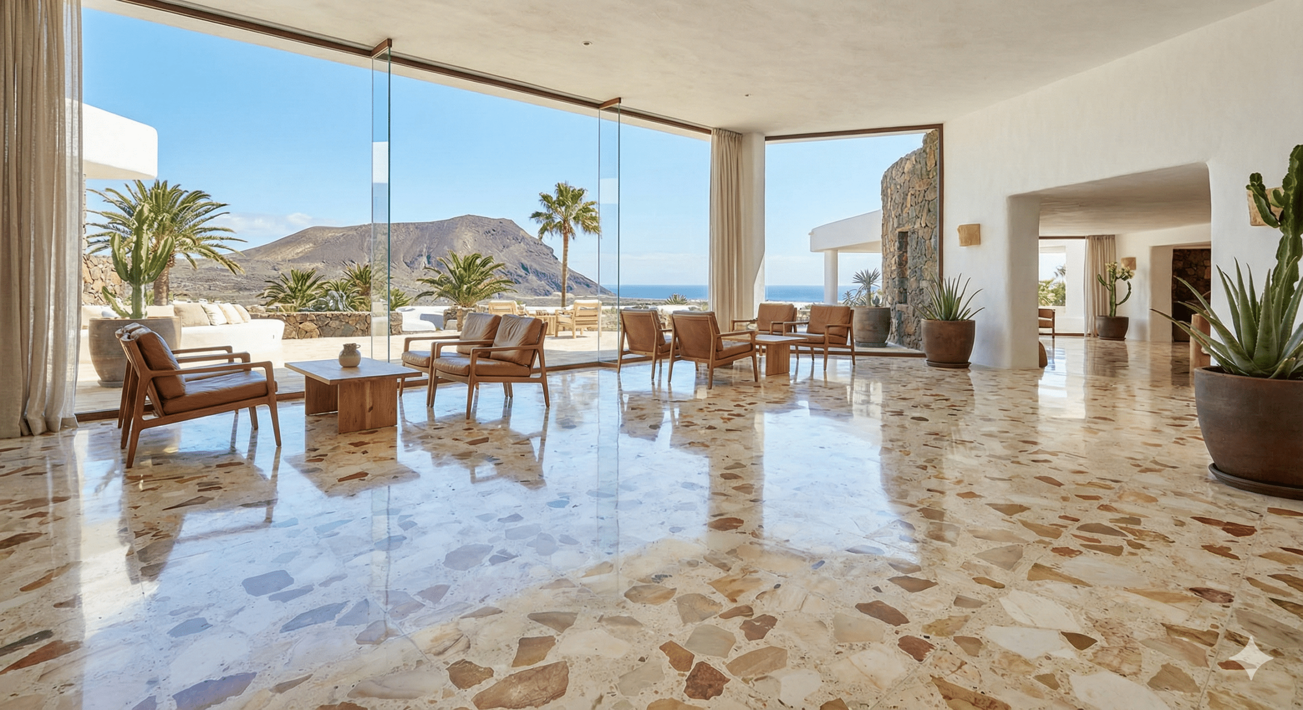 Lobby de empresa en Lanzarote con suelo de terrazo brillante y restaurado, reflejando higiene y profesionalismo
